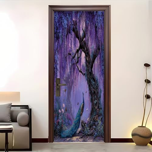 Kratzfest, Schmutz Selbstklebend TürPoster Fantasie Pfauenwald Selbstklebende Türaufkleber 85x205 cm für Schlafzimmer, Wohnzimmer Lila Kunstvolle Türaufkleber Wanddekoration