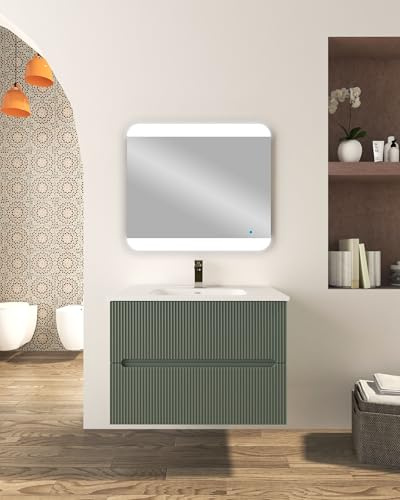 Generico Mobile bagno da 80 cm sospeso con due cassetti e lavabo in ceramica - frontali plissé (Verde Opaco)