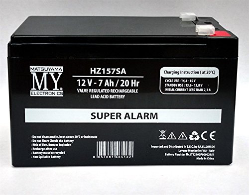Batteria ermetica ricaricabile al piombo 12V 7Ah/20 Hr con faston - Accumulatore piombo - SUPER ALLARM - Ideale per impianti di allarme. MATSUYAMA ART. HZ157SA