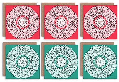 Wee Blue Coo Thank You Cards x6 Mandala Pattern Green Red Set (2 Designs) _CS