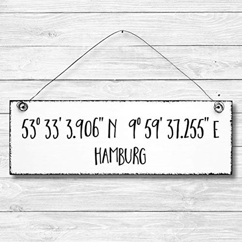 Hamburg Koordinaten - Dekoschild Türschild Wandschild Holz Deko Wand Tür Schild 10x30cm Holzdeko Holzbild Geschenk Mitbringsel Geburtstag