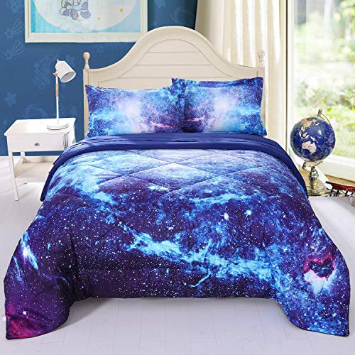 Wowelife Galaxy Bedding Twin Outer Space Tröster-Set, 5-teilig, Blau, Cosmic Galaxy, Kinderbett in einer Tasche, Twin für Teenager, Jungen und Mädchen, mit Bettdecke, Bettlaken, Spannbetttuch und 2