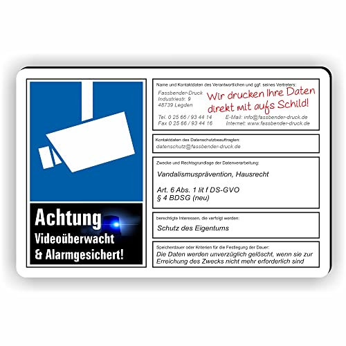 dsgvo BDSG mit Wunschtext - Videoüberwachung Schild/VÜ-017 (30x20cm SCHILD)