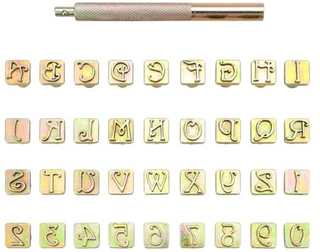 Yoption 37-teiliges Leder-Stanzwerkzeug-Set, 26 Buchstaben, Alphabet und 10 Zahlen, Stempel, Stahl, Stanzwerkzeug, 9 mm + 1 Stempelgriff für Lederhandwerk