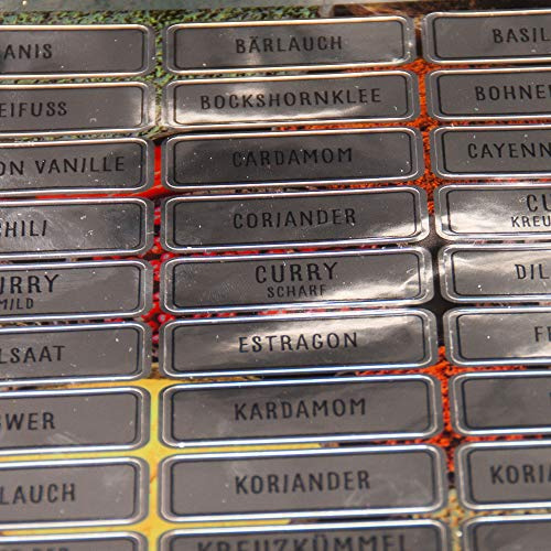 117 Gewürze Etiketten Aufkleber - eckig - schwarz silber - Gewürzetiketten Selbstklebend - Wasserfest - Gewürz Sticker 52 x 20 mm und 65 x 25 mm