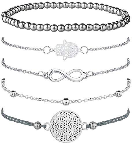 Jbniuay Damen Armband silber Armbänder, Edelstahl Infinity Armkette Kugelarmband Armband Verstellbar Charm Armkettchen Freundschaftsarmbänder (5PCS Schmuckset)