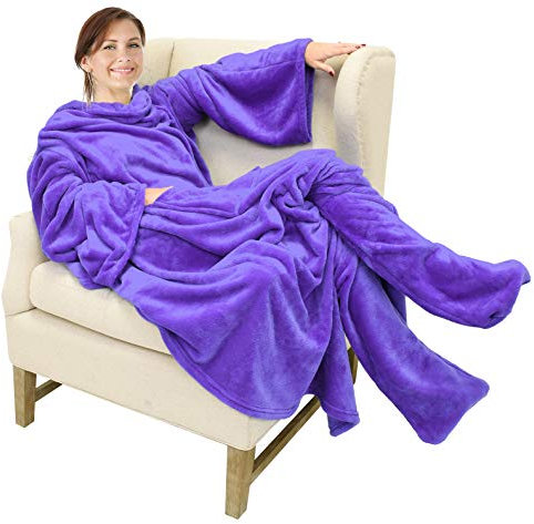 Catalonia Classy Decke mit Ärmeln und Fußtasche Geschenk für Frauen Herren, Flauschig Fleece Tragbare Kuscheldecke mit Ärmeln, Warm Decke zum Anziehen Ärmeldecke Erwachsene, 190 x 135 cm Lila
