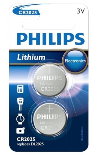 Philips Batterie a Bottone CR2025-2 Pezzi - Batteria a Bottone 3V/150 mAh - Adatte per Orologi, Calcolatrici e Portachiavi - Batteria al Litio