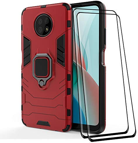 ALAMO Funda de Armor para el Xiaomi Redmi Note 9T, Carcasa TPU+PC Antigolpes con Anillo Soporte [con 2 Pack Protector de Vidrio Templado para Pantalla ] - Rojo