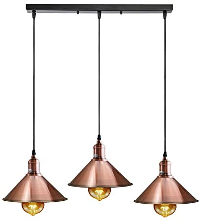 LEDSone Hängeleuchte im Loft-Stil, 3-flammig, Roségold, Vintage-Stil, Metall, Deckenleuchte, Hängelampe für Küche, Wohnzimmer, Esszimmer, E27, UK-Halterungs-Kit (Konus-Kupfer)