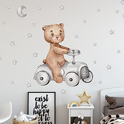 Bär im Rennauto Wandtattoo V268 | handgezeichnet | AUFKLEBER Kindergarten | Wandsticker Kinderzimmer Teddybär mit Sterne Teddy Auto (75 x 75 cm)