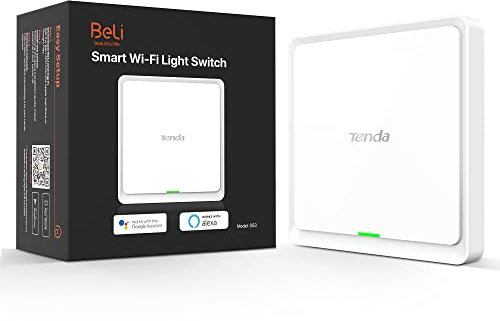 Tenda SS3 Interruptor de Luz Inteligente, Luz Wi-Fi de 2.4GHz, Unipolar, Interruptor de Pared, con Alexa y Google Home, Control Remoto y Temporizador, No se Requiere Concentrador, Blanco, 1 Cuadrilla