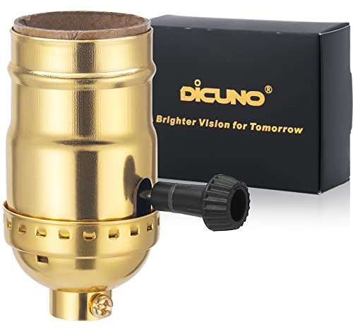 DiCUNO UL Listed 3-Way Lamp Socket Replacement, E26 Standard Threaded Base Light Socket, Turn Switch Knob for Low-Medium-High Light Settings, DIY Project, Table, Floor Lamp Repair Kit, 1-Pack, (Gold)