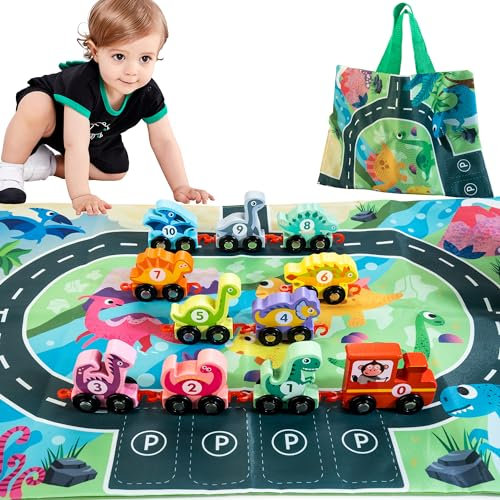 HELLOWOOD Dinosaurier Zug Set mit Ziffern 0-10, Bunter Zahlenzug Eisenbahn Pädagogisches Spielzeug Geschenk für Baby Jungen Mädchen Alter 2 3 4 Jahre