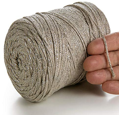 MeriWoolArt® Metallische Makramee Garn 2mm x 225m Farbig für Schnur Schmuckherstellung, Makramee Accessoires Schmuck - Boho Makramee Seil Garn - Glanz Lurex Recyceltes Baumwollgarn (Lurex Dunkelbeige)