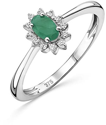 OROVI Schmuck Damen 0.07 Ct Diamant Verlobungsring Blume Weißgold mit Edelstein/Geburtsstein natürlicher ovaler grüner Smaragd und 12 Diamanten Brillanten Ring aus 9 Karat (375) Gold