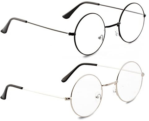 YICHENGTIANXIA Metal Frame Round Glasses Vintage Metal Clear Lens Glasses, Unisex, Black, Silver, (2 Pairs)