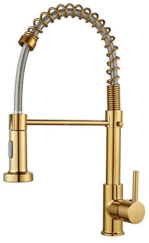 FVITA Grifo de cocina con rociador extraíble dorado pulido, grifo de fregadero de cocina de un solo mango con resorte para fregadero de cocina
