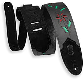 Levy's Unisex-Erwachsene Flowering Vine Series Leder, 6,3 cm, Schwarz mit roten Blumen und grünen Blättern Gitarrengurt, Adult