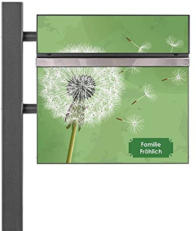 banjado® Standbriefkasten Anthrazit mit Namensschild Pusteblume 3 & Zeitungsfach/Briefkasten mit Standfuß in Anthrazit/Postkasten A4 Einwurf inkl. Montagematerial & 2 Schlüsseln