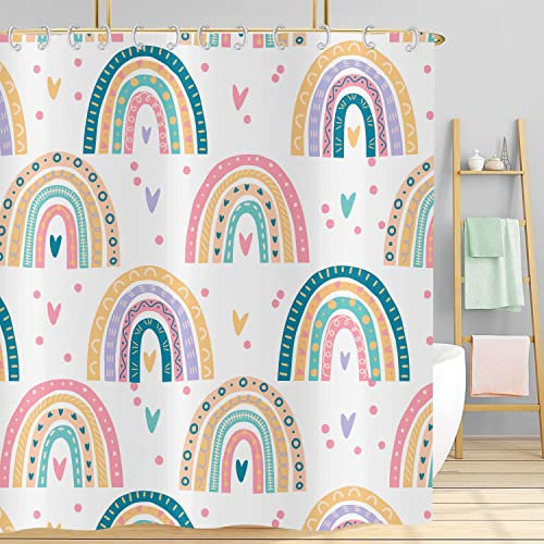 Duschvorhang Regenbogen 180x200, Hnmdmyi Boho Abstrakt Regenbogen Duschvorhänge Bunt Niedlich Kinder Cartoon Badewanne Vorhang Wasserdicht Polyester Stoff Waschbar Badevorhang für Badezimmer mit Haken