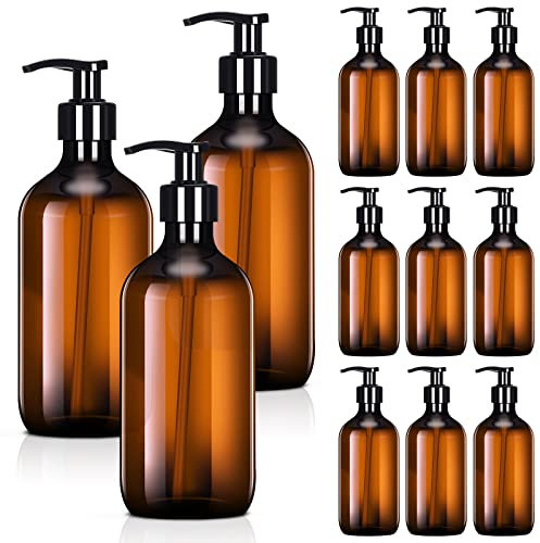 12 Pack Amber Soap Dispenser Empty Plastic Pump Bottles Dispenser Amber Refillable Shampoo Container for Hand Sanitizer Soap Cosmetic Lotion Body Wash Conditioner Bathroom Kitchen Travel (8.5 oz)