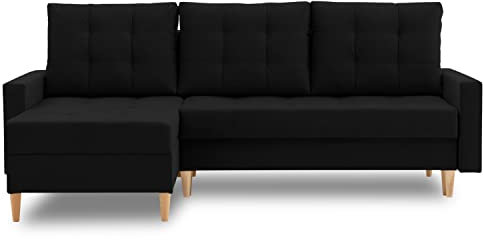 Ecksofa Lena 227x148 mit schlaffunktion und Bettaksen - Klassisch Design - Eckcouch mit Stauraum - Auffälliger Kronos Stoff - Kissen - Holzfüße - Auswahl an Farben (Kronos 07 Links)