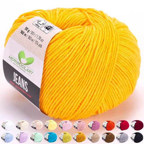 MeriWoolArt® Heller Senf Baumwollgarn zum Stricken und Häkeln, Textilgarn, Stoffgarn, Baby Wollgarn für Handarbeiten, Babykleidung, Amigurumi, Babydecke, Pullover, Mützen und Accessoires