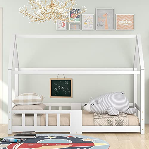 WIZBED Kinderbett Hausbett 90 x 200 cm Holzbett für Kinderzimmer inkl.Tafel Lattenrosten Rausfallschutz, aus Kiefernholz Bettgestell Spielbett Baumhausbett Weiß (ohne Matratze)