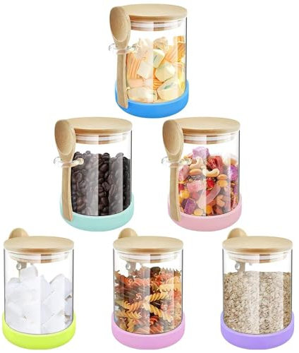 Glass Jars with Bamboo Lids and Spoons, 18.26 oz Borosilicate Glass Jars Containers, Airtight Clear Food Storage Canister for Cookie, Candy, Coffee Bean, Sugar, Matcha Tea, Spices, Dry Goods (6 Pack)