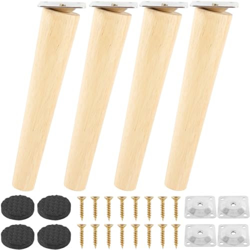 4pcs Pieds de Meuble en Bois, 20cm Pieds de Meuble Inclinés avec Plaque de Montage Vis et Tapis antidérapant, Pieds de Meuble Bois de Rechange pour Armoire,Tables et Chaises(20cm,pieds inclinés)
