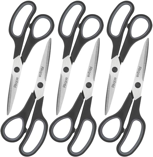 Black 6 Scissors Pack, Rkqoa 8 All Purpose Scissor - High Performance and Designed for Everyday use, Stainless Steel Shears Set with Comfort-Grip, Right/Left Handed