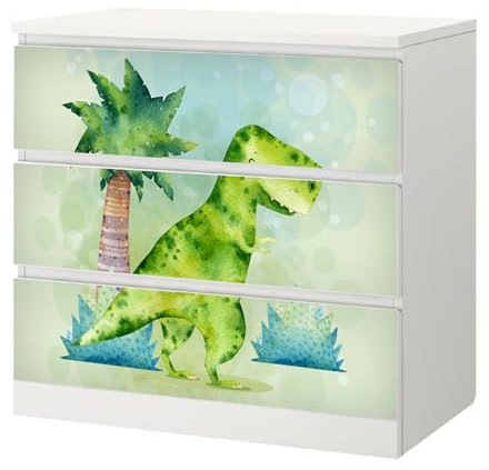 Sunnywall® Möbelfolie passend für IKEA Malm Kommode Schrankfolie Aufkleber mit Dino Kids T-Rex Motiv | blasenfrei verkleben | Kinderzimmer 3er 80 cm