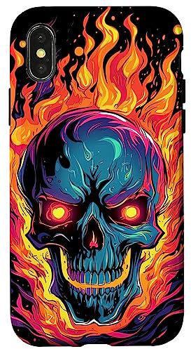 Hülle für iPhone X/XS Coole Skelett-Totenkopf-Grafik in Rot, Orange und Blau