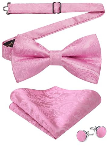 HISDERN Herren Fliege Rosa Einfarbig Paisley Vorgebundene Fliegen und Einstecktuch mit Manschettenknöpfe Set Seide Fliege Anzug für Hochzeit Smoking