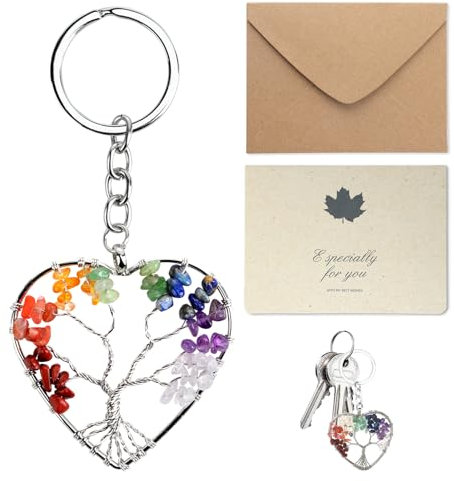 Primitive Baum des Lebens Schlüsselanhänger, Chakra Anhänger Behandlung Schmuck Kristallherz geformte einzigartige Dekoration Paar Freunde Geburtstagsgeschenk Valentinstag Segnungen (A:Farbenfroh)