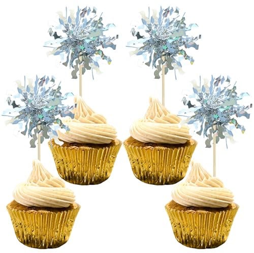 Gyufise 20Pcs Foil Firework Cupcake Toppers Sparkle Tinsel Cake Toppers Tinsel Drink Cake Decoration Cocktail Picks for Birthday Wedding Graduation Party Supplies Silver