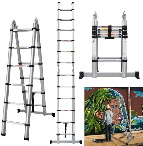 A Frame Ladders Extendable Telescopic Folding Ladder 1.9M+1.9M Multi Purpose Collapsible Concertina Loft Ladder, Aluminum Alloy Foldable Extension Ladder for Home Roof Outdoor, Max Height 12.5FT/ 3.8M
