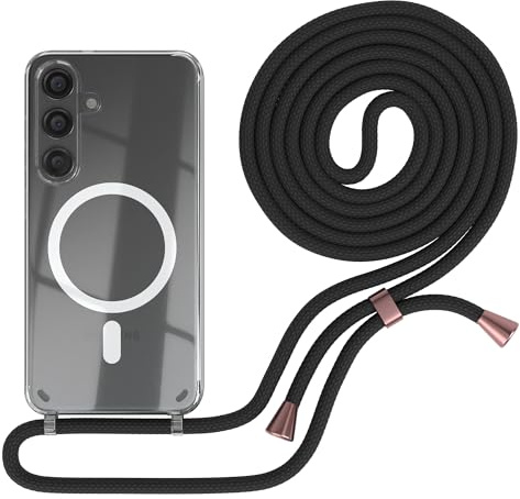 EAZY CASE - Handykette kompatibel mit Samsung Galaxy S24 Kette zum Umhängen Stoßfest Handyhülle für Galaxy S24 Silikon Hülle mit Band Handytasche Transparent als Fallschutz in Schwarz - Clips in Rose