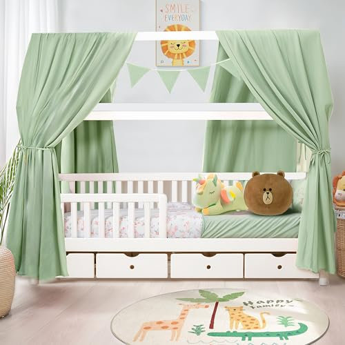 iLuane Hausbett Himmel aus 100 % Baumwolle Musselin – Stoffhimmel Kinderbett Deko mit Schleifen – Betthimmel für Mädchen & Jungen – Vorhang für Hausbett – in 6 Farben & 4 Größen