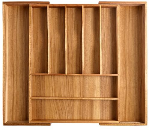 oridom Grand organiseur de tiroir extensible en acacia de qualité supérieure - 43,2 x 50 cm - Range-couverts avec séparateurs pour ustensiles de cuisine et couverts (7 à 9 emplacements) - Acacia
