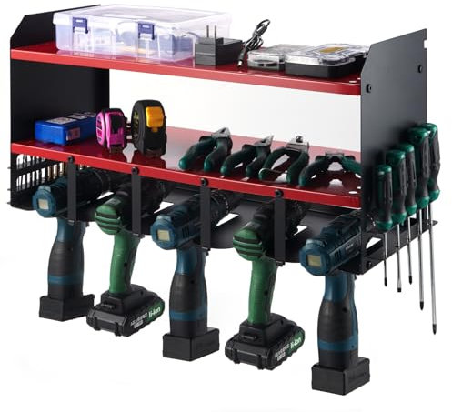 Sinoer Organizer per utensili elettrici, supporto per trapano a 3 strati, con 5 fessure e 2 ripiani solidi, per garage, casa, capanno