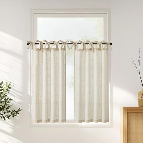 jinchan Tie Top Linen Kitchen Curtains Over Sink 45 Inch Length Tier Curtains Farmhouse Rustic Small Cafe Curtain for Bedroom Living Room Bathroom Half Window Light Filtering Privacy 2 Panels Crude