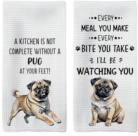 Tzhim Mops-Geschenke, Küchentücher, 2er-Set, Mops-Geschenke für Mops-Liebhaber, Frauen, Mops-Mama-Geschenke, Mops-Dekor-Handtücher, Mops-Geschirrtücher für Küche, Hundeküche, Badezimmer-Dekoration,
