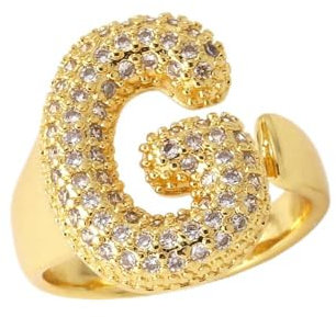 AILYFIRMO Bubble-Buchstabenring, goldener Bubble-Buchstabenring, 14 Karat vergoldet, exquisiter Pavé-Buchstabenring aus Zirkonia, offener Damen-Zirkon-Buchstabenring (G)