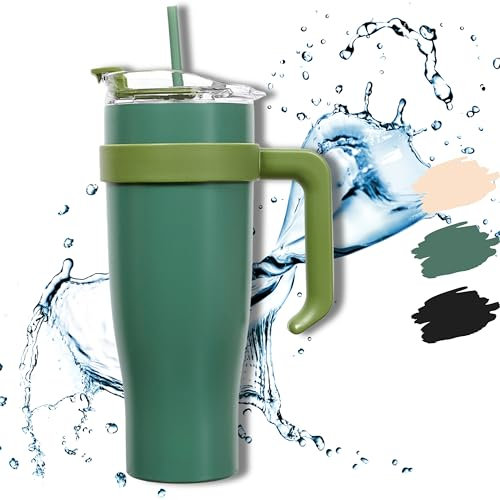 HAPPYCOSAS Insulated Tumbler with Straw and Handle - 1.2L - Fits Car Cup Holder - Double Wall Insulated Design - Leakproof Lid - Keeps Drink Cold & Hot. (Green)