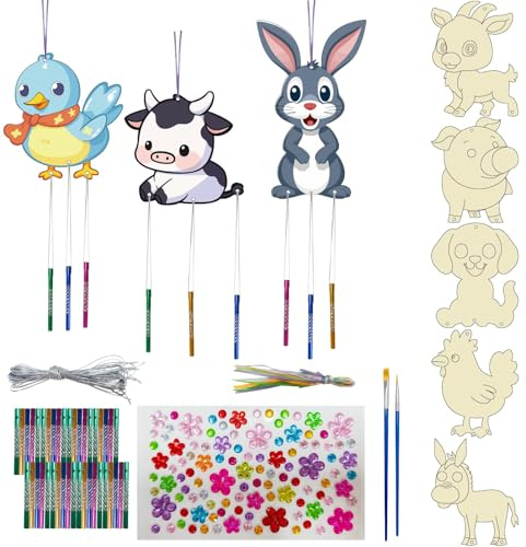 CRASPIRE 16 Confezione di Kit di Campanelli Eolici Fai da Te Crea I Tuoi Animali Campanelli Eolici da Colorare Artigianato Pasquale in Legno per attività Artigianali Fai da Te Compleanno Natale Festa