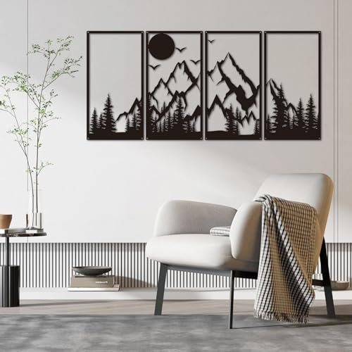 LIROPAU 4 Stück Metall Berg Wandkunst, Sonnenuntergang Berge Wald Wanddekoration, Minimalistische Wanddeko für Wohnzimmer Schlafzimmer Büro Yogazimmer - Schwarz