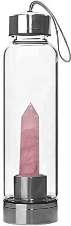 YIWEOG Bottle Crystal Glass Water Bottle, Water Bottle with Removable Gemstone Center Easy Carry Strap for Travel Office On The Go 550ml