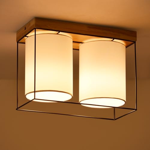 CBJKTX Deckenlampe Schlafzimmer Deckenleuchte Vintage - 2 Flammig E14 Holz Küchenlampe mit Stoff-Lampenschirm Industrial Retro Schlafzimmerlampe für Küche Wohnzimmer Esszimmer (ohne Leuchtmittel)